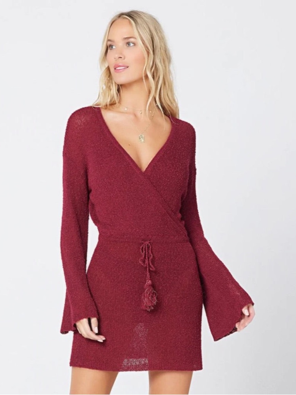 L*Space Topanga Sweater Knit Cover Up Dress Crimson Wrap Bell Sleeve Small - Picture 2 of 10